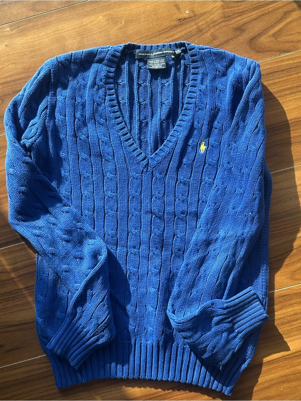 Polo by Ralph Lauren Blue Cable-Knit V-Neck Sweater with Yellow Pony